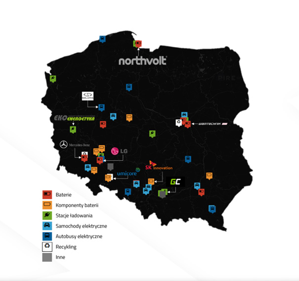 mapa inwestycji w elektromobilność w Polsce