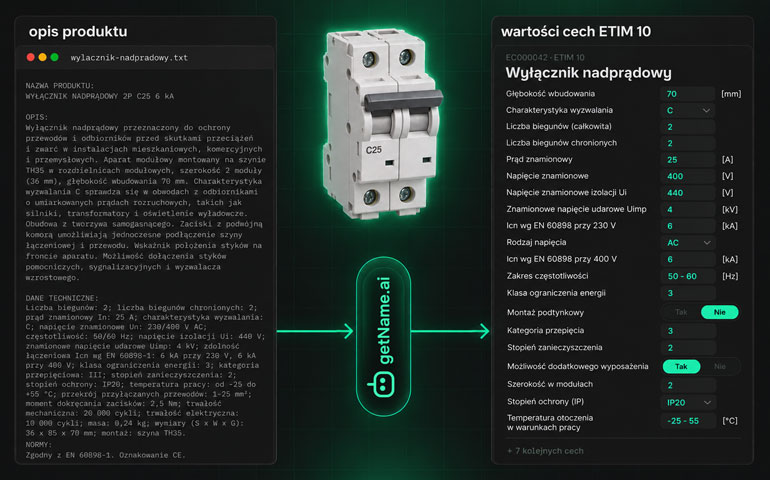 Opis wyłącznika nadprądowego zamieniony przez getName.ai na wartości cech ETIM 10